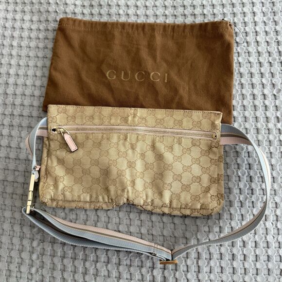 Auth VTG Gucci GG Canvas Brown Pink Blue Monogram Belt Bag Crossbody Fanny Pack - Picture 2 of 16